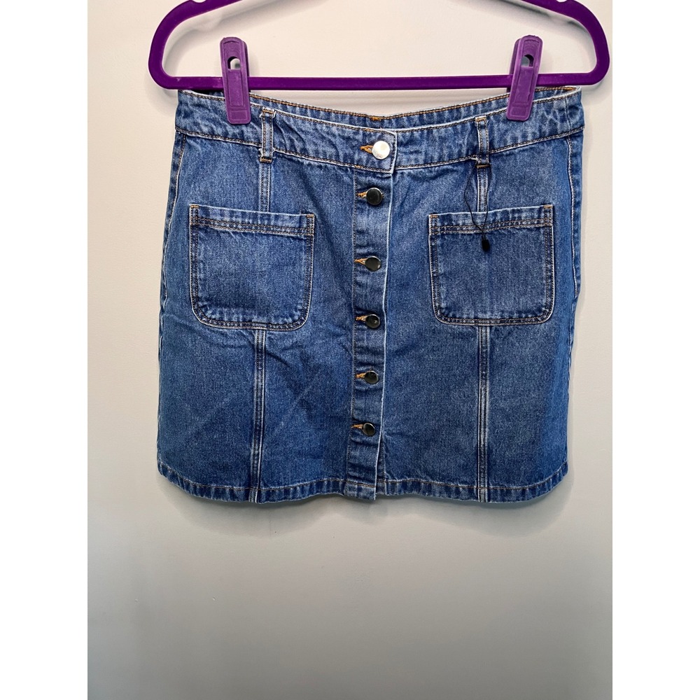 H&M Divided Blue Denim Button Front Mini Skirt with Pockets Size 12